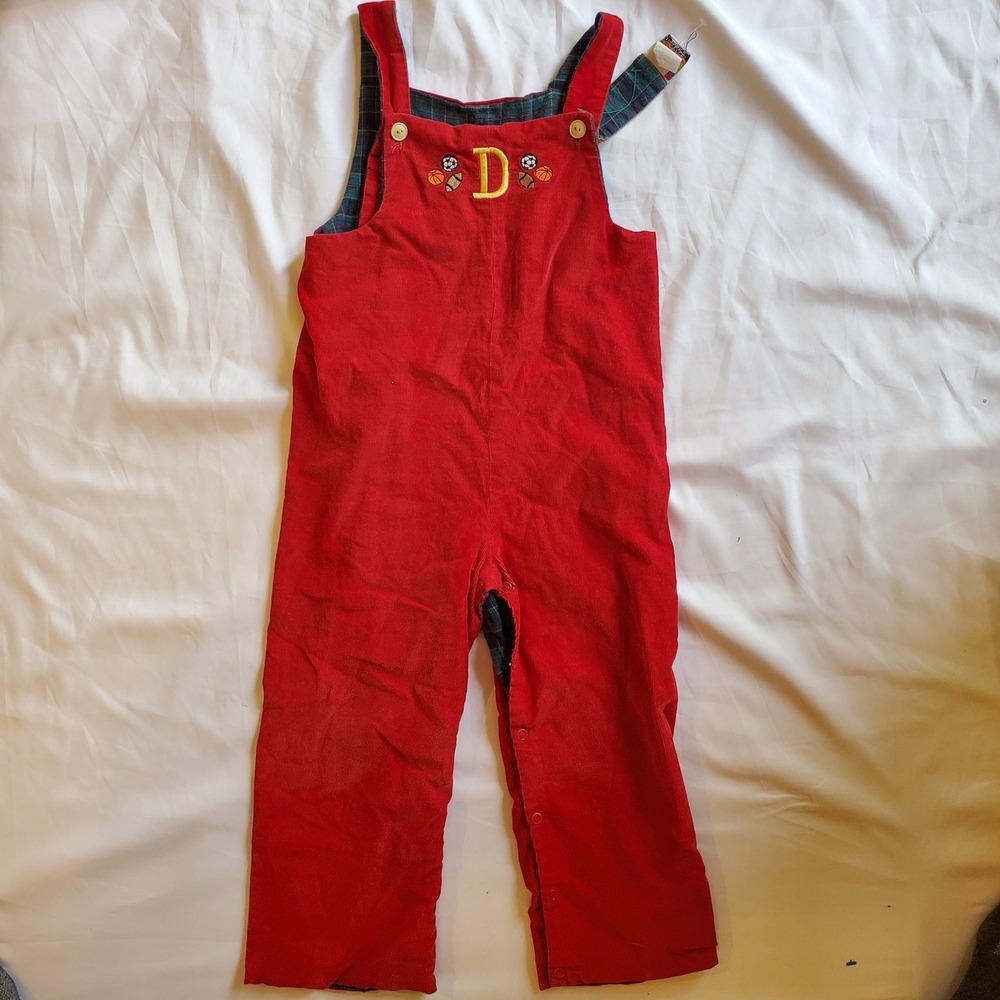 Vtg Just Ducky Red Corduroy Coveralls Embroidered‎ D Sports Balls Outfit usa 4t